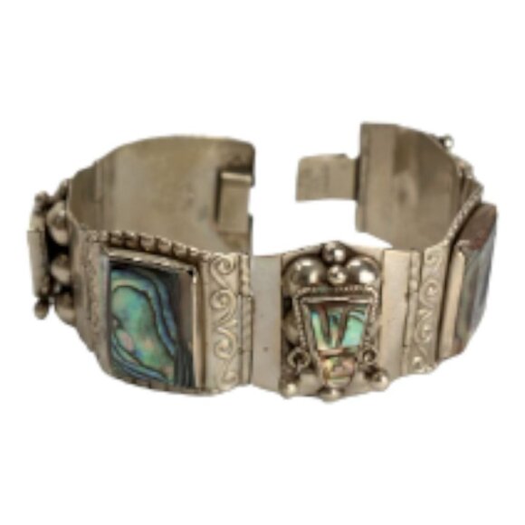 Vintage Sterling Silver Panel Bracelet Abalone Aztec Taxco Mexico Eagle Head - Picture 2 of 15